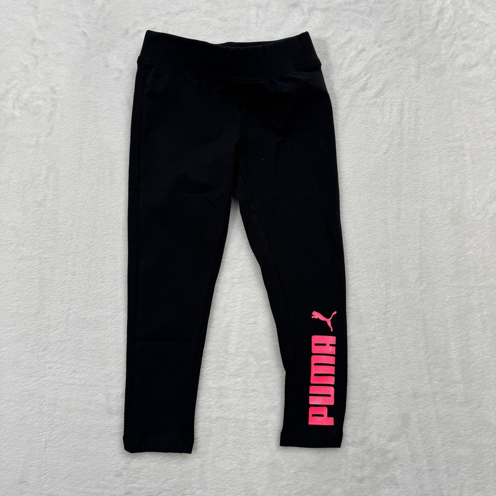 Puma Leggings Girls 4 Black Pink Logo Graphic Activewear Stretch